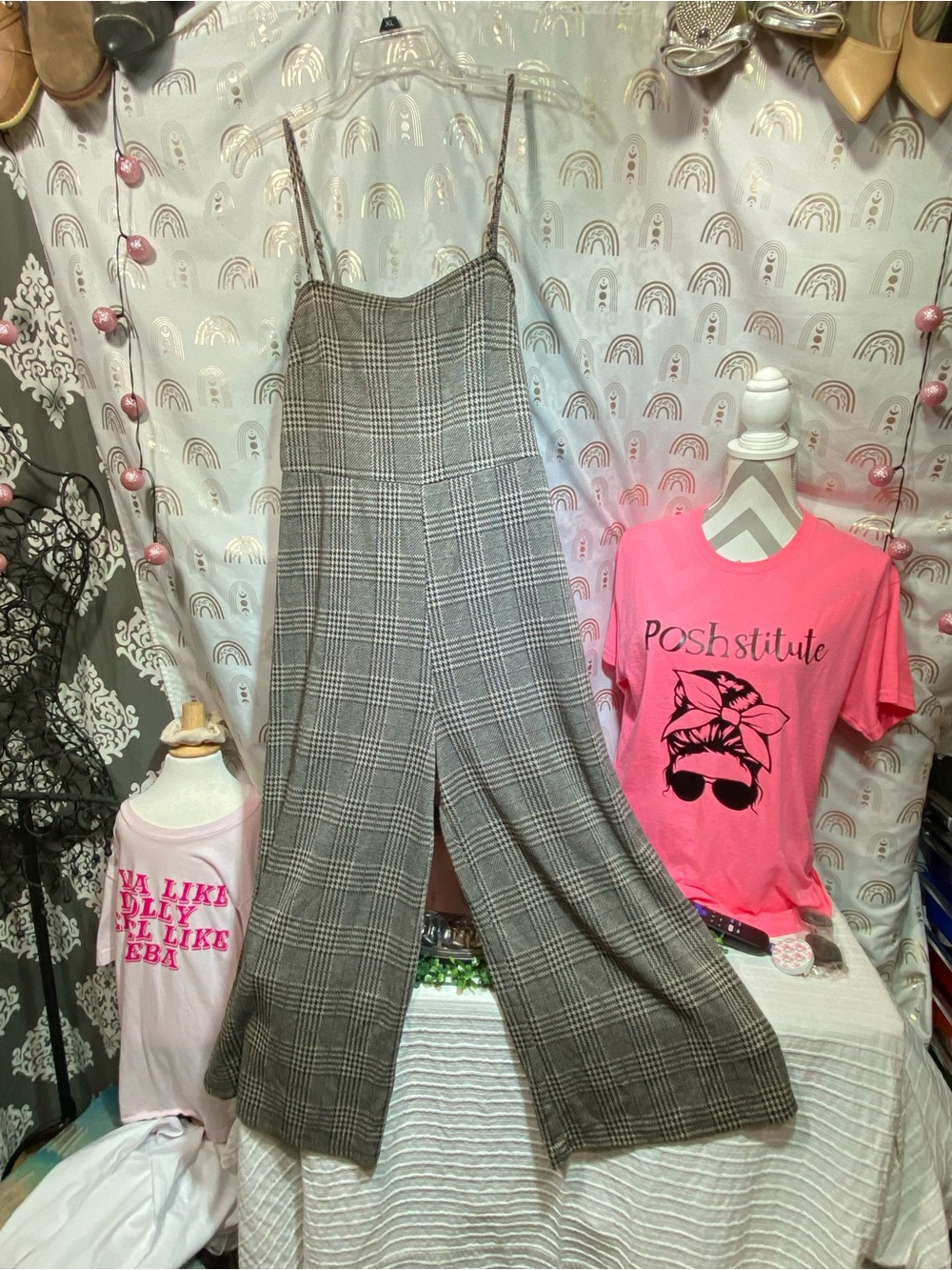 Heart Hips Gray Plaid Wide-Leg Spaghetti-Strap Jumpsuit